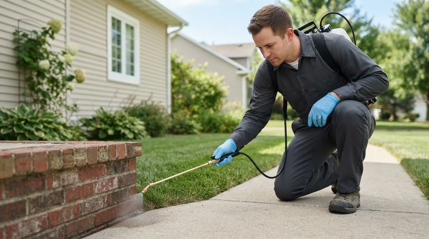 Pest control technician treating a home near Benton, KY